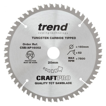 Trend CSB/AP16052 Craft Saw Blade Alu/Plastic 160 x 52T x 20mm Bore*